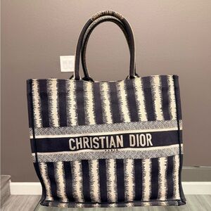 Canvas Embroidered Large Striped Book Tote Navy